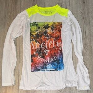 Society White Long Sleeve Shirt with Neon Yellow Graphic top